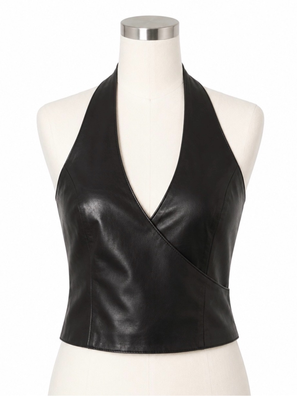 Cache Black Faux Leather Halter Wrap Crop Top NWT